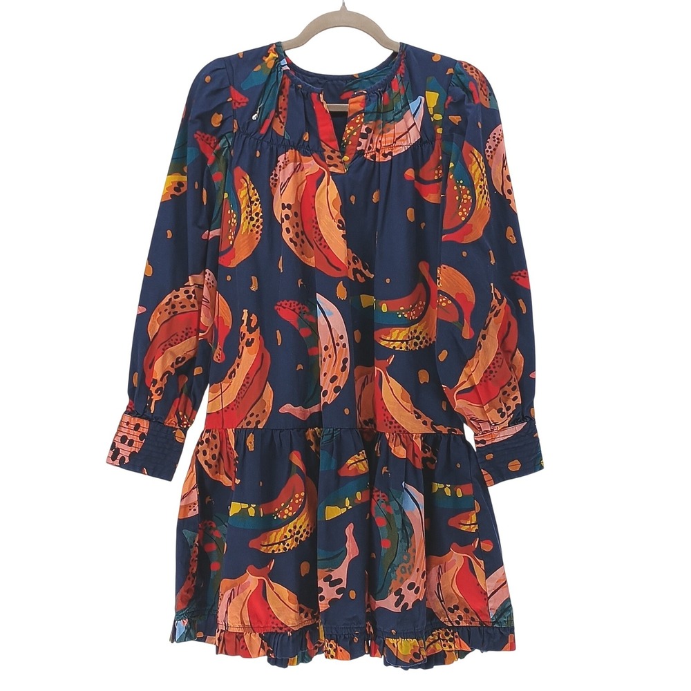 Anthropologie Farm Rio Banana Fruit Print Cotton Mini Dress Navy Orange Small